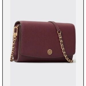 Tory Burch Wine Leather Crossbody with Gold Chain Strap
